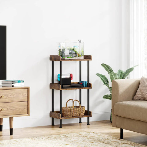 Small Three Tier Wooden Bookshelf With Totally Sturdy Frame And Rounded Safety Corners For Home Office Simple Setup Storage And Top Shelf Room Decor Organization with aquarium and console on shelves.