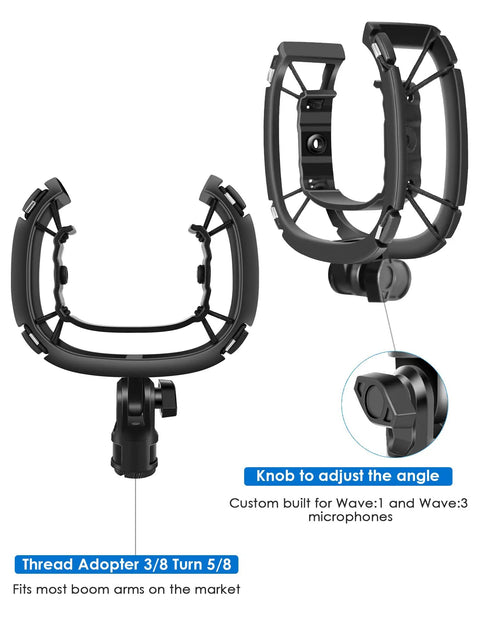 Wave Mic Shock Mount For Elgato Wave:1 And Wave:3, Custom Built Anti Vibration Suspension Clip with adjustable angle knob and thread adapter