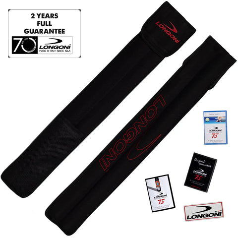 Longoni carom cue case with black fabric, featuring protective mesh and logo, suitable for cue storage and travel.