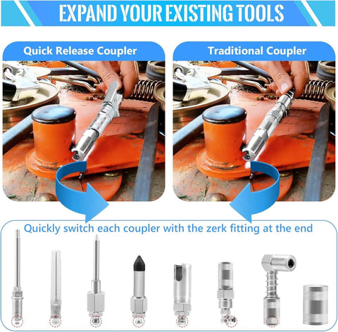 PONEYA 9-piece grease gun couplers kit with 12" flex hose and roll-up case; front view shows quick-release and traditional couplers.