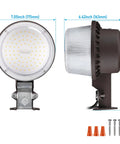 Front and side view of LED Barn Light With Dusk To Dawn Photocell Outdoor Security Flood Light IP65 Waterproof Bronze Housing, screws included.