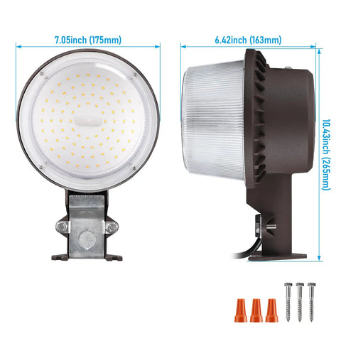 Front and side view of LED Barn Light With Dusk To Dawn Photocell Outdoor Security Flood Light IP65 Waterproof Bronze Housing, screws included.