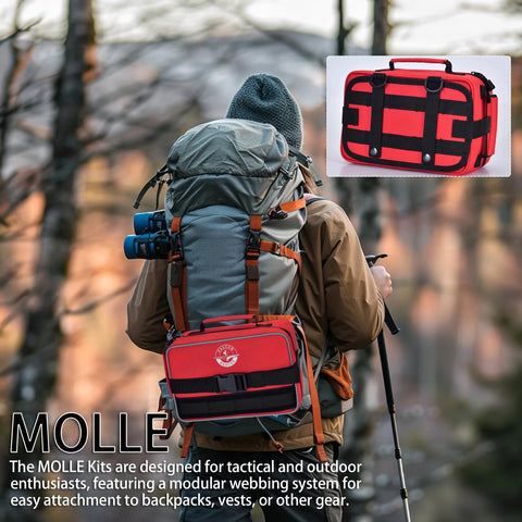 Red Falcon Rescue first aid kit pouch attached to a hiking backpack.