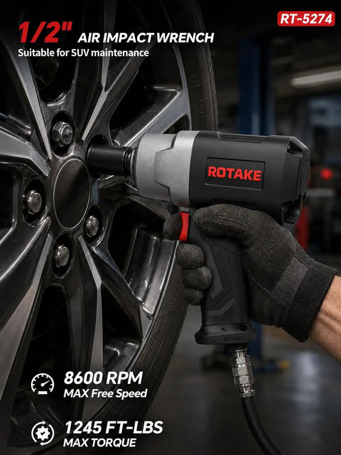 Pro Grade 1/2 Inch Air Impact Wrench 1245 Ft Lbs Max Torque Twin Hammer Design being used on SUV wheel with visible tire and wrench.