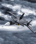 One Thirty-Fifth Scale Su-47 Berkut Fighter Jet Building Blocks Kit modeled in dynamic flight scene against cloudy sky.