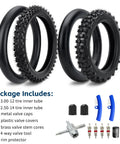 Honda Dirt Bike Tire And Inner Tube Set Front 2.50-14 Rear 3.00-12 with accessories including valve caps and tools