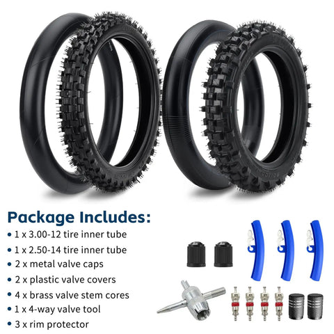 Honda Dirt Bike Tire And Inner Tube Set Front 2.50-14 Rear 3.00-12 with accessories including valve caps and tools