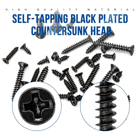 Close-up of 450 Piece Mini Screw Kit With Phillips Flat Head Self Tapping Screws M2.3 M2.6 M3 Countersunk Carbon Steel Black Finish