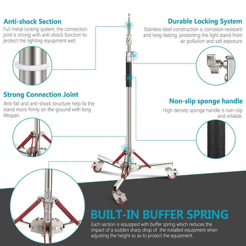 Heavy Duty Light Stand With Casters 360 Degree Mobile Tripod Base Stainless Steel Construction features details and sections