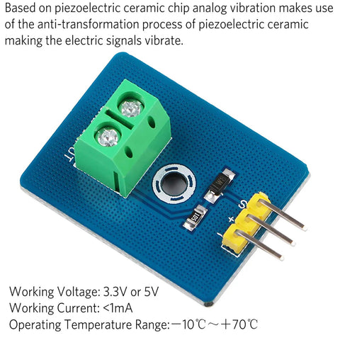 Analog Ceramic Piezo Vibration Sensor Module for Arduino 3.3V 5V, blue circuit board, green terminal, yellow pins displayed