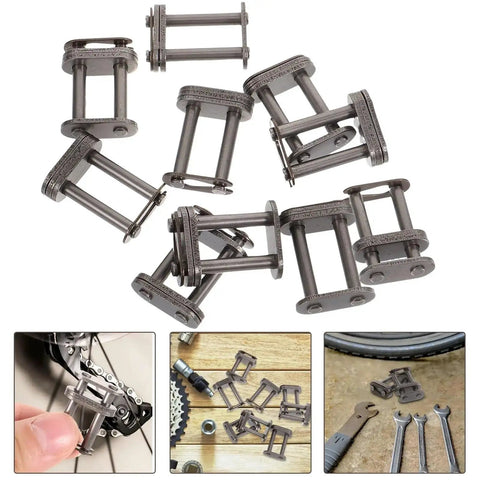 Grab These 20 High Grade Steel Bicycle Chain Connectors showcased on a table, ideal for dirt bike repairs and easy gear fixes.