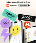 Munbyn app and editor interface showcasing 3000 templates, 3500 pre-made elements, and 100 free fonts on mobile and laptop screens.