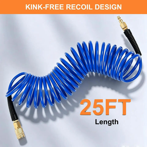Coiled Air Hose One Quarter Inch Fits Air Compressors For Tire Inflation Auto Repair Work Spring Design Stops Tangles 25FT blue