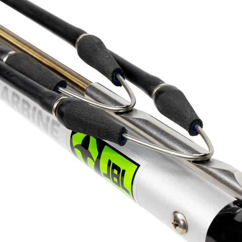 Close-up of Nitro Band Spearfishing Replacement For Spearguns, Half Inch 13mm Stainless Steel Wishbone, attached to JBL model.