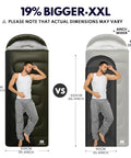 Comparison of XXL Winter Sleeping Bag For Adults And Kids, 4 Season Cold Weather Camping Gear in black and grey colors with dimensions shown.