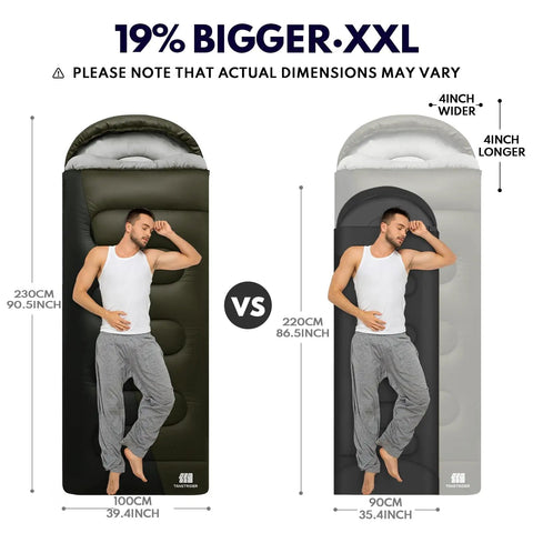 Comparison of XXL Winter Sleeping Bag For Adults And Kids, 4 Season Cold Weather Camping Gear in black and grey colors with dimensions shown.