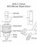 Heavy Duty Workhorse Half Inch Drill Chuck With Number Two Morse Taper Arbor And Key, diagram showing dimensions and features.