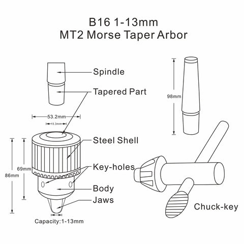 Heavy Duty Workhorse Half Inch Drill Chuck With Number Two Morse Taper Arbor And Key, diagram showing dimensions and features.