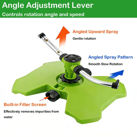 Heavy Duty Two Arm Sprinkler With Brass Nozzle For Big Yards And Gardens showing adjustable spray arms and filter screen