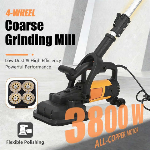 4-wheel Beast Concrete Floor Grinder 4 Head 3800W with extendable rod for polishing concrete and marble floors, 230V.