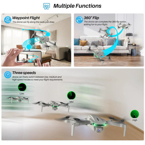 Foldable Camera Drone For Kids And Adults With Altitude Hold And Optical Flow Positioning Indoor Mini RC Quadcopter showcasing waypoints, flips, speeds.