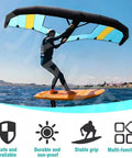 Person using Portable Wing Foil Kite for wind wing foiling and surfing with visible icons for durability and stability