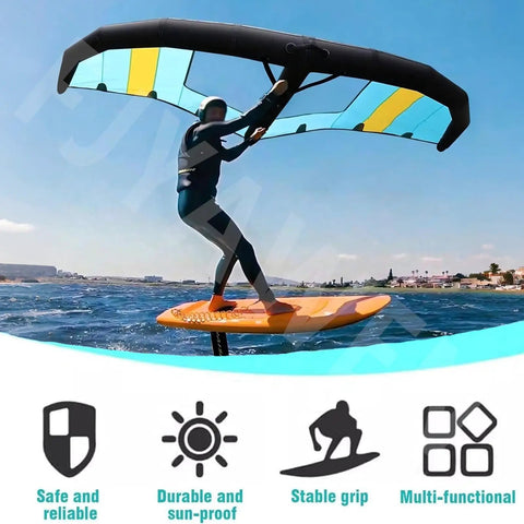 Person using Portable Wing Foil Kite for wind wing foiling and surfing with visible icons for durability and stability