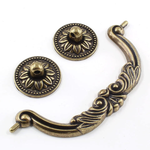 4Pcs Vintage Bronze Bail Drop Drawer Pulls With Screws, decorative cabinet handles, zinc alloy, close-up of handle and rosettes