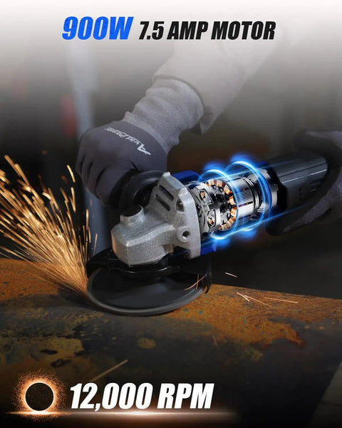 Rugged 7.5 Amp Angle Grinder With 4 1/2 Inch Wheel, 12,000 RPM, grinding metal surface with sparks, black handle