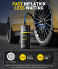 Go To Portable Tire Inflator Air Compressor With Gauge 150 Psi Fast Inflation In Under 1 Minute next to car tire on pavement