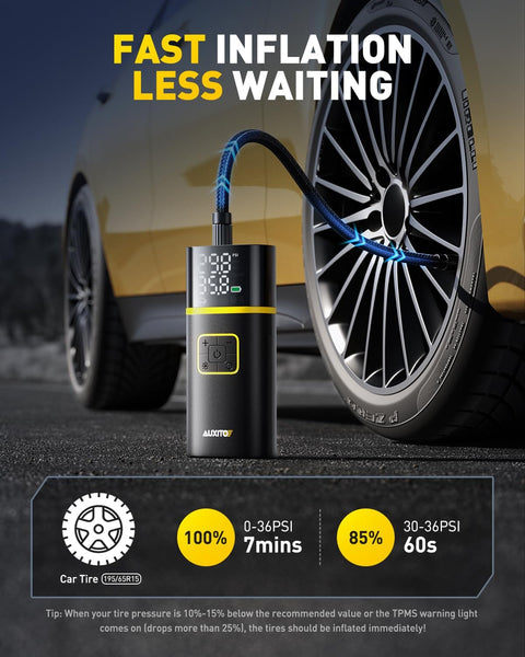 Go To Portable Tire Inflator Air Compressor With Gauge 150 Psi Fast Inflation In Under 1 Minute next to car tire on pavement