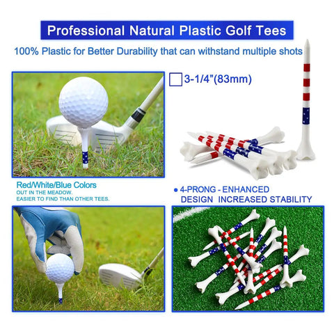 100 Pack Three And A Quarter Inch Plastic Golf Tees With Four Prongs For Less Friction And Spin Pro Grade Durable Tees With High Visibility Markings displayed on grass