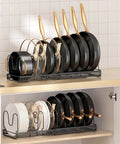 Zero Hassle Expandable Pot And Pan Lid Organizer Rack For Kitchen Cabinets With Ten Snap Tight Dividers To Store Skillets Cutting Boards And Heavy Cookware Clean, featuring black pots and pans on a stylish rack.