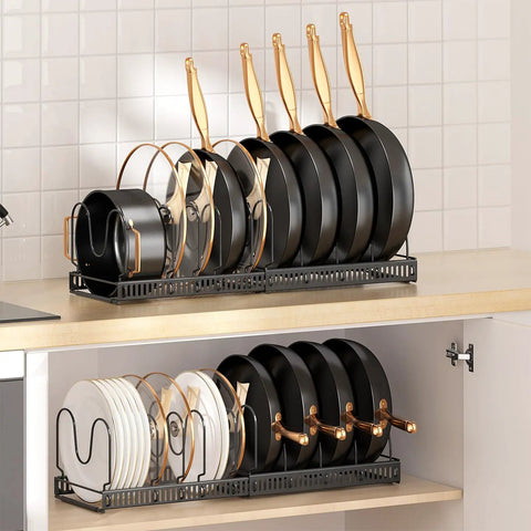 Zero Hassle Expandable Pot And Pan Lid Organizer Rack For Kitchen Cabinets With Ten Snap Tight Dividers To Store Skillets Cutting Boards And Heavy Cookware Clean, featuring black pots and pans on a stylish rack.