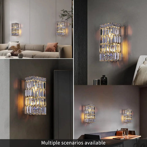Indoor Modern Two Light Crystal Wall Sconce, Chrome Wall Mount Lamp With Hanging Crystal Balls, Silver Square Base K9