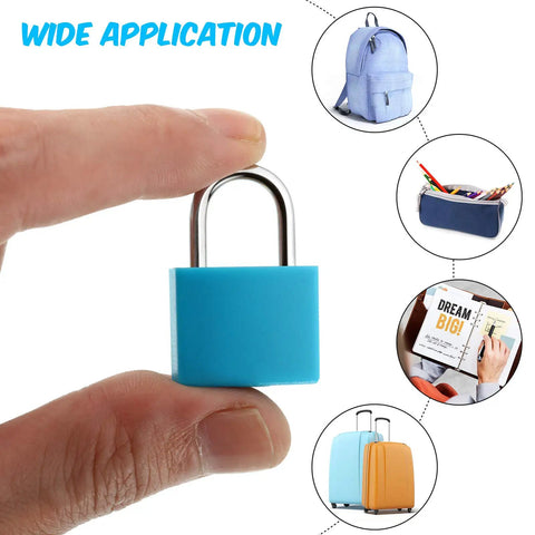 Person holding blue lock from 4 Pack Multicolor Metal Luggage Locks With Keys Keyed Padlocks Plastic Covered Copper.