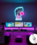 LED Art Neon Light Sign For Home Decor And Parties above desk setup with monitors, includes touch dimmer in bedroom decor.