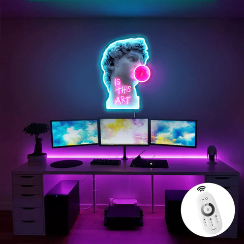 LED Art Neon Light Sign For Home Decor And Parties above desk setup with monitors, includes touch dimmer in bedroom decor.