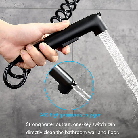 MXJIAYDNX Rain Shower System Black Shower Faucet Set Brass Shower Combo Set with handheld spray gun in use, strong water output.
