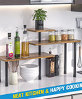 Hella Practical 3 Tier Kitchen Countertop Organizer And Rustic Brown Corner Shelf That Saves Counter Space And Easily Converts To Straight Rack For No Sweat Pantry Sorting with olive oil and spices.