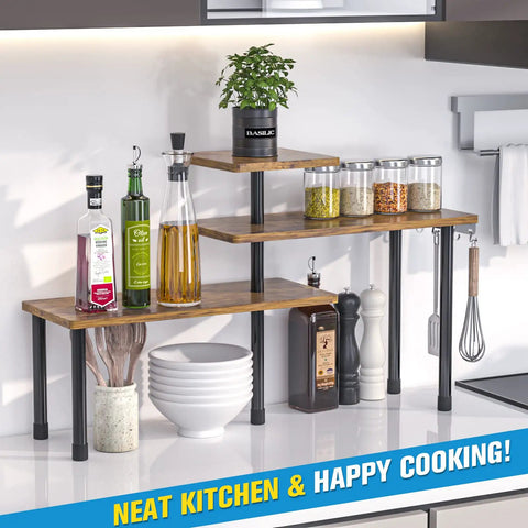 Hella Practical 3 Tier Kitchen Countertop Organizer And Rustic Brown Corner Shelf That Saves Counter Space And Easily Converts To Straight Rack For No Sweat Pantry Sorting with olive oil and spices.