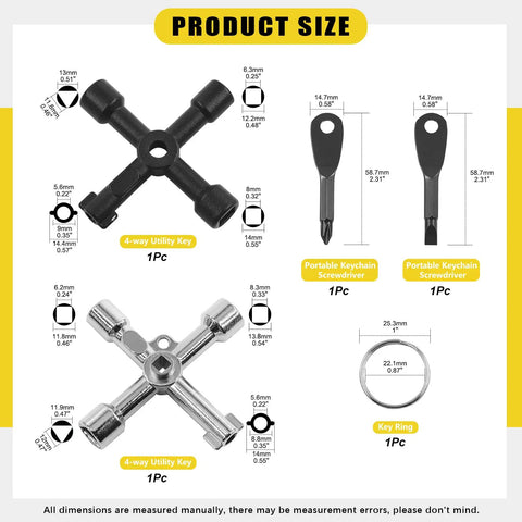 Thirteen Piece Utility Keys Kit For Plumbing And Home Use with 4-way service cross key, keychain screwdriver, and key ring size details.