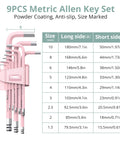 Pink 9-Piece Allen Key Set with long ball end Cr-V wrenches, color-coded hex keys from 1.5mm to 10mm with size chart