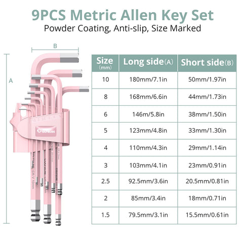 Pink 9-Piece Allen Key Set with long ball end Cr-V wrenches, color-coded hex keys from 1.5mm to 10mm with size chart
