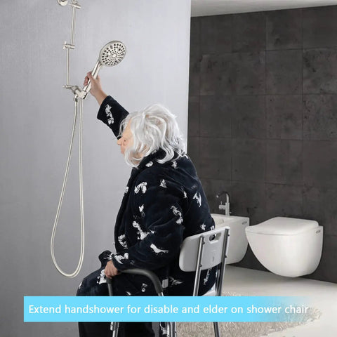 16 Inch Solid Brass Shower Arm Extension For Rain And Handheld Shower Heads With Adjustable Height G One Half Universal Connection Brushed Nickel Kid Friendly And Senior Friendly No Elbow Bumps with elderly woman using handheld shower seated