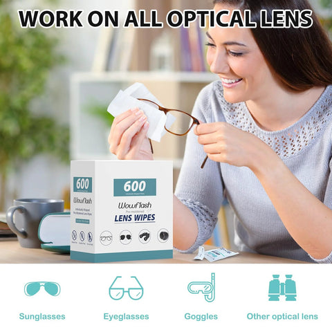 Front view: 600-count Wowflash lens wipes box for eyeglasses; person cleaning eyeglasses with a wipe.