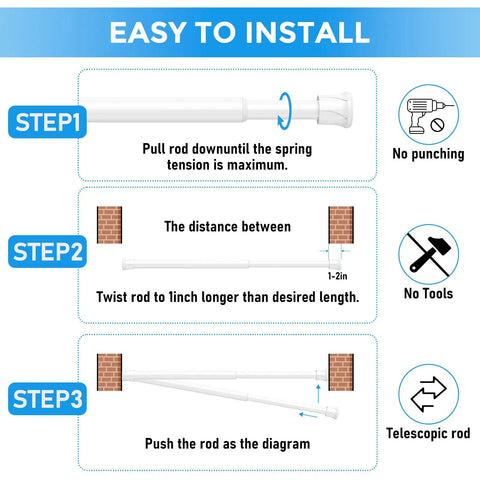 Installation steps for 2 Pack Small Spring Tension Curtain Rods 8 To 12 Inch No Drill For Slim Window Cupboards And Closet Sidelights White