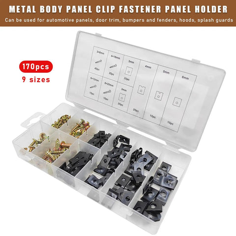 170 Piece Car U Clip And Screw Assortment Kit with 9 Sizes Metal Body Panel Clips in Clear Storage Box