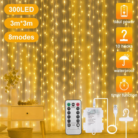 Fairy Curtain Lights 300 LED Warm White Window Curtain String Light, 9.8 ft by 9.8 ft Waterproof Indoor Outdoor setup with remote control