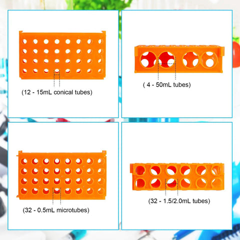 Orange Interlocking Four-Way Test Tube Rack Set, 8 Pack Budget-Friendly Color-Coded Holders For 0.5ml To 50ml Tubes